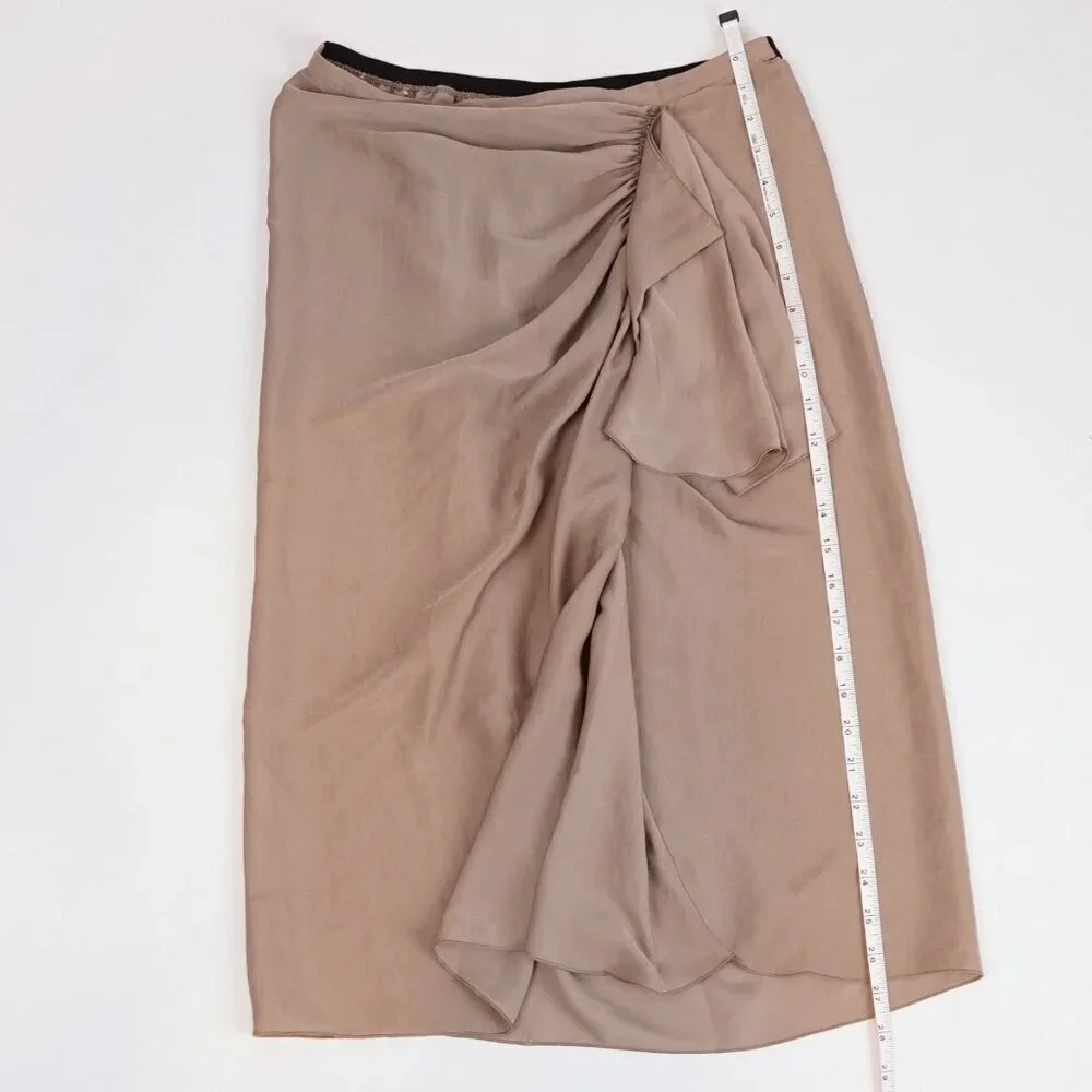 BCBGMaxAzria Stella Asymmetrical Gathered Midi Skirt in Beige Satin - Small